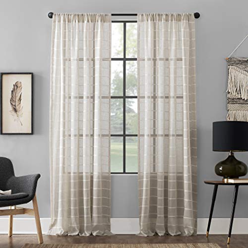 Clean Window Twill Stripe Anti-Dust Allergy/Pet Friendly Anti-Dust Sheer Curtain Panel, 52" x 63, White/Linen - Image 1