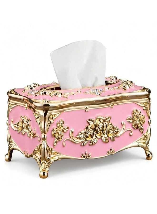 Moorfowl Vintage European Tissue Box Cover with Rose Pattern and Rhinestones Decor Elegant Rectangle Tissue Box Holder for Bathroom Vanity Countertop, Bedroom Dresser, Nightstand (Gold Pink) - Image 1