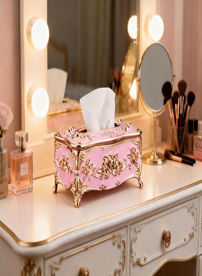 Moorfowl Vintage European Tissue Box Cover with Rose Pattern and Rhinestones Decor Elegant Rectangle Tissue Box Holder for Bathroom Vanity Countertop, Bedroom Dresser, Nightstand (Gold Pink) - Image 3