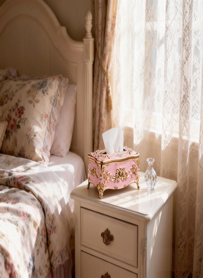 Moorfowl Vintage European Tissue Box Cover with Rose Pattern and Rhinestones Decor Elegant Rectangle Tissue Box Holder for Bathroom Vanity Countertop, Bedroom Dresser, Nightstand (Gold Pink) - Image 5