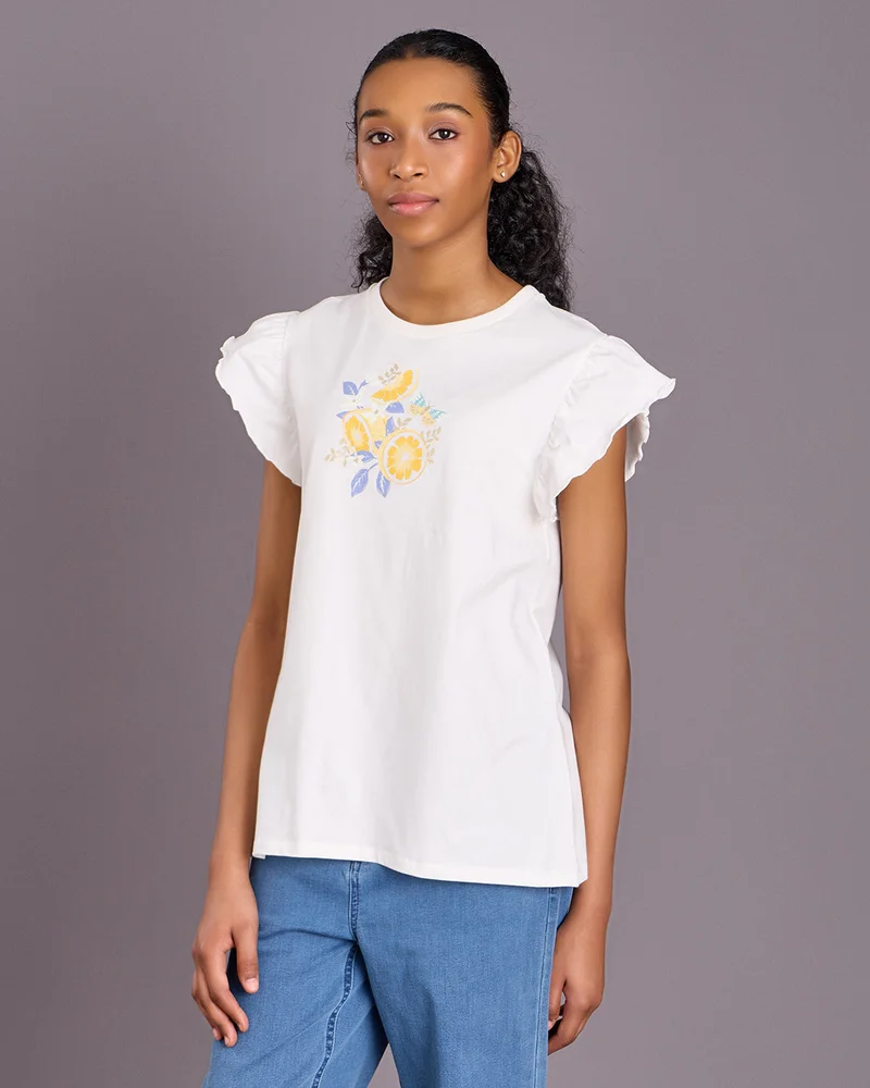 REDTAG Senior Girls Off White Butterfly Printed T-Shirt