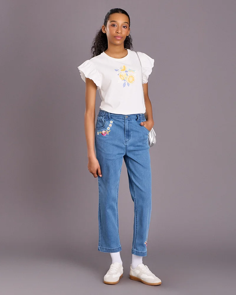 REDTAG Senior Girls Off White Butterfly Printed T-Shirt