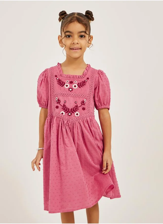 Styli Embroidered Square Neck Lace Puff Sleeve Dress