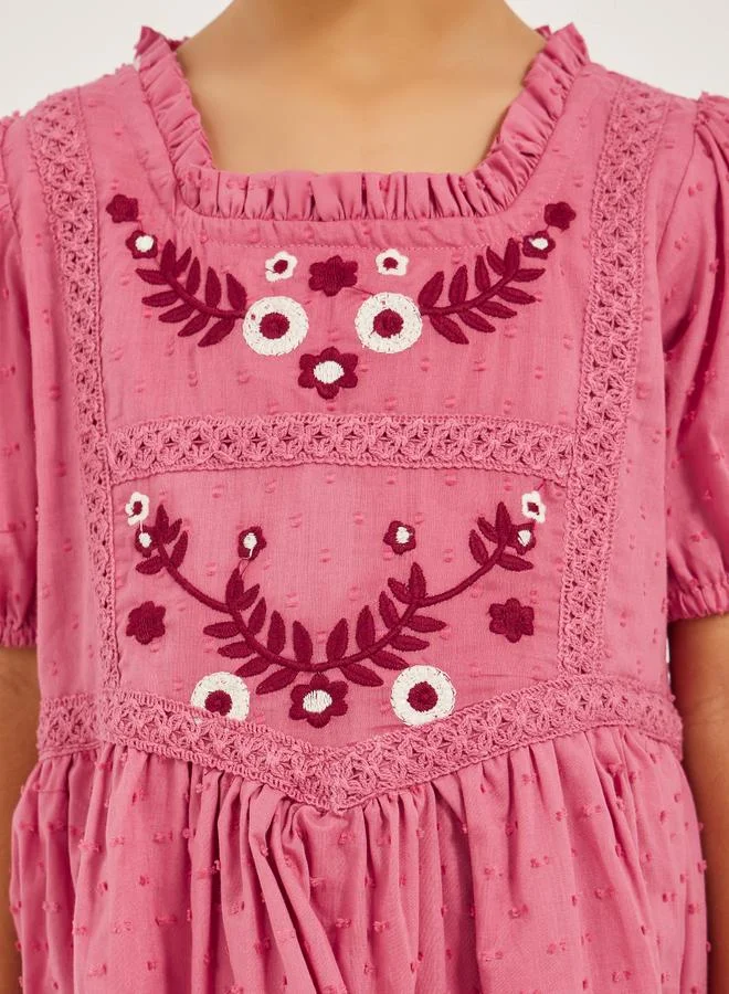 Styli Styli Embroidered Square Neck Lace Puff Sleeve Dress