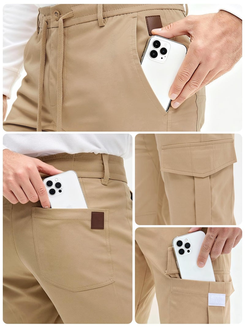 PLEPAN Mens Casual Cargo Joggers Drawstring Elastic Waist Tapered Work Pants Chino Slim Fit Fashion Hiking Workout Pants with 6 Pockets Khaki X-Large - Image 2