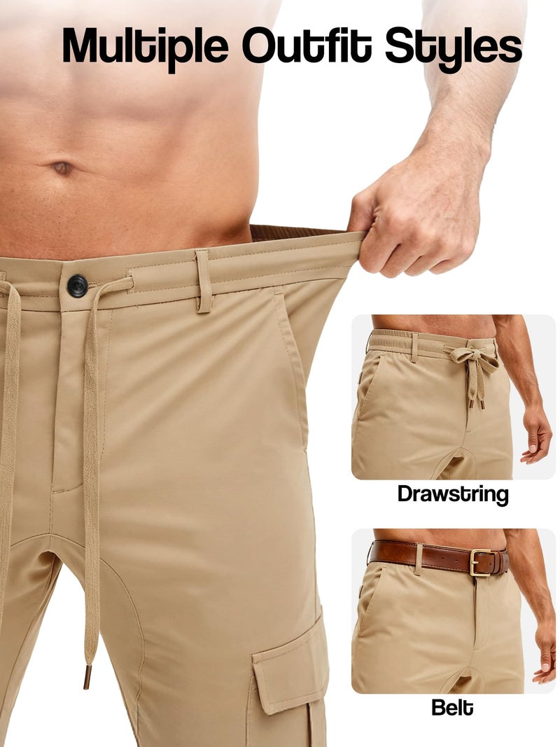 PLEPAN Mens Casual Cargo Joggers Drawstring Elastic Waist Tapered Work Pants Chino Slim Fit Fashion Hiking Workout Pants with 6 Pockets Khaki X-Large - Image 4