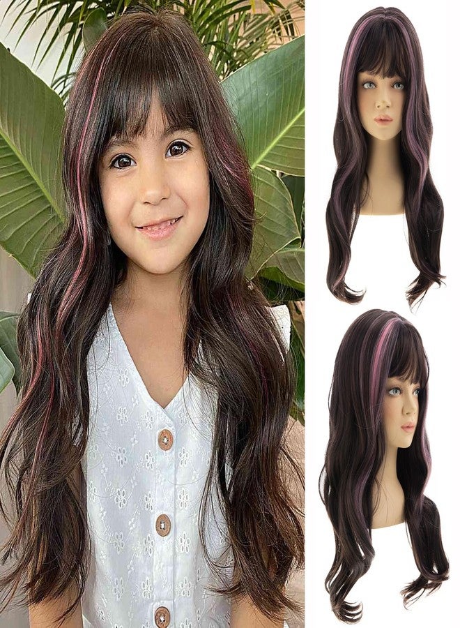 Dsimeig Long Wavy Brown Wigs for Kids Girls Synthetic Halloween Cosplay Hair Wig with Bangs - Image 1