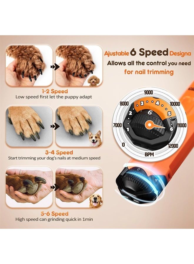 Gimars Upgrade Super Quiet Adjustable 6 Speed Powerful 12000rpm Allow All Controll Dog Nail Grinder 45 db Dual LED Light Pet Nail Grinder USB Rechargeable 3 Ports Nail File for Large Medium Small Dog - Image 2