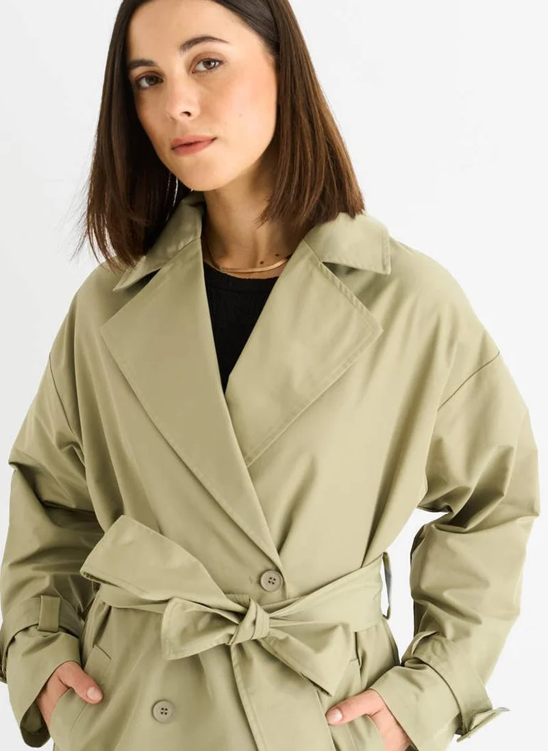 Gini London  Sage Green Double Breast Longline Belted Trench Coat for Women | Best Price UAE
