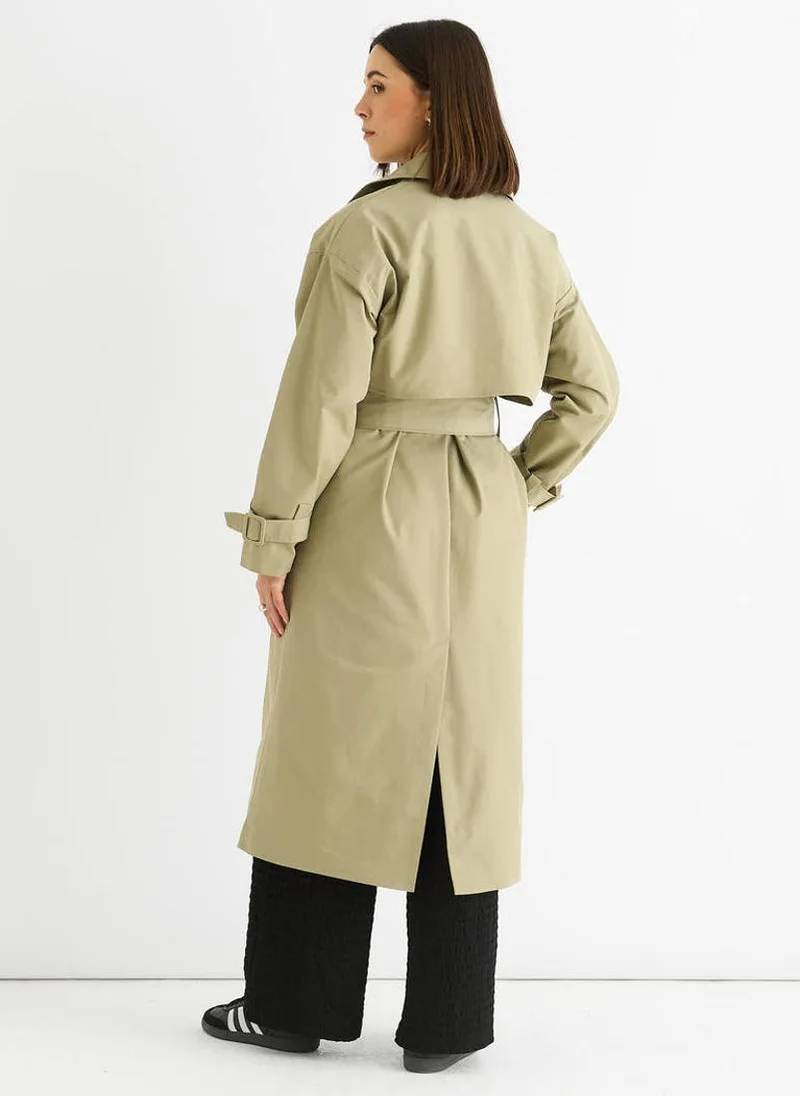 Gini London Sage Green Double Breast Longline Belted Trench Coat