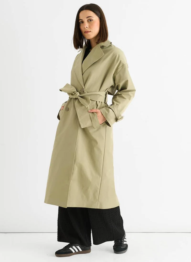 Gini London  Sage Green Double Breast Longline Belted Trench Coat for Women | Best Price UAE