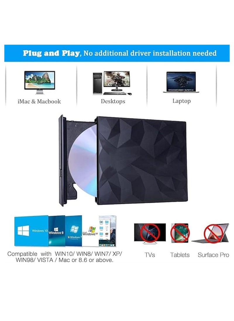 SYOSI - External CD DVD Drive, Type C USB 3.0 Extended Cable Backup Power Line Portable DVD Player CD/DVD +/-RW Burner Reader for Laptop Desktop PC Apple Mac Macbook Pro Windows 11/10/8/7 / XP Linux OS - Image 1