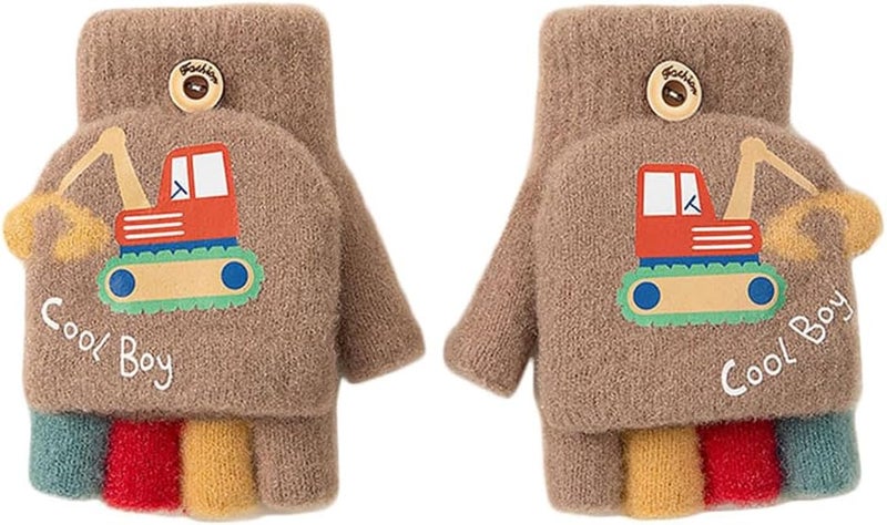 Newfancy Kids Boys Girls Dinosaur Flip Top Gloves with Mitten Cover Knitted Winter Fingerless Toddler Convertible Mittens - Image 1
