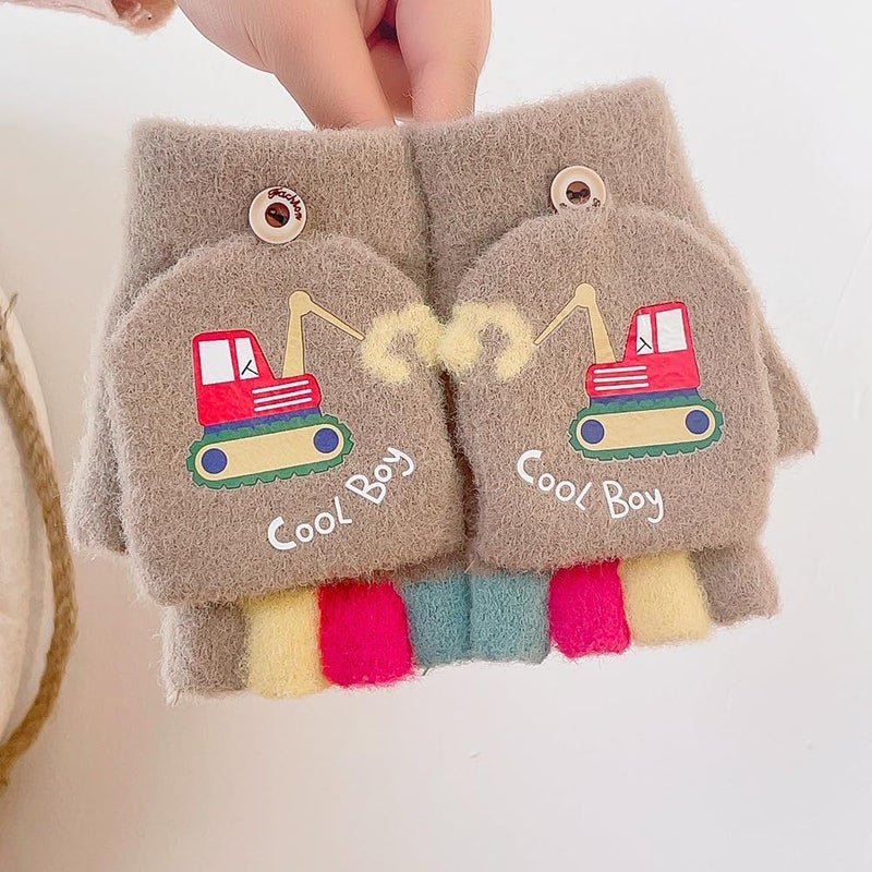 Newfancy Kids Boys Girls Dinosaur Flip Top Gloves with Mitten Cover Knitted Winter Fingerless Toddler Convertible Mittens - Image 4