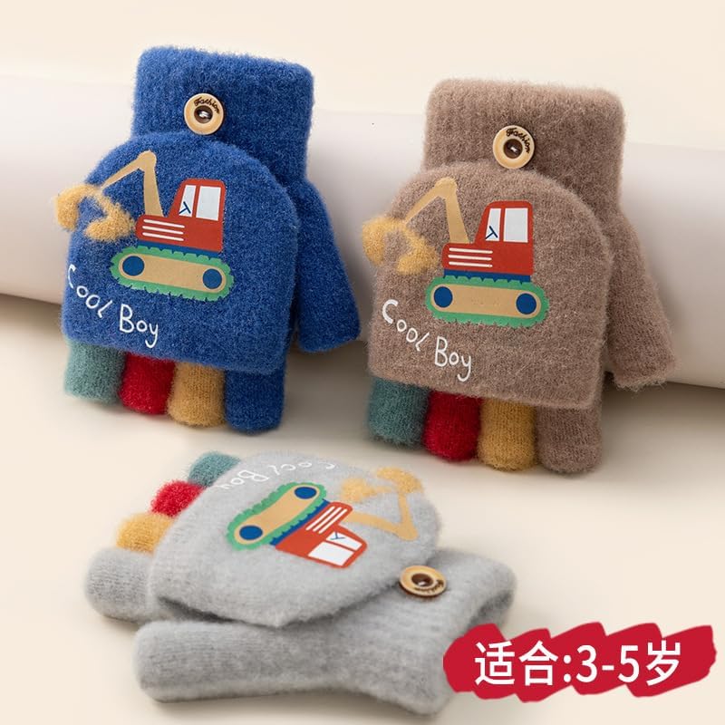 Newfancy Kids Boys Girls Dinosaur Flip Top Gloves with Mitten Cover Knitted Winter Fingerless Toddler Convertible Mittens - Image 3