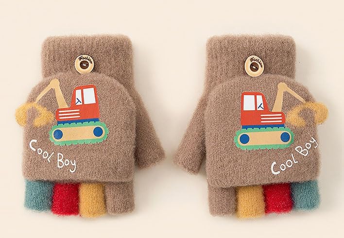 Newfancy Kids Boys Girls Dinosaur Flip Top Gloves with Mitten Cover Knitted Winter Fingerless Toddler Convertible Mittens - Image 2