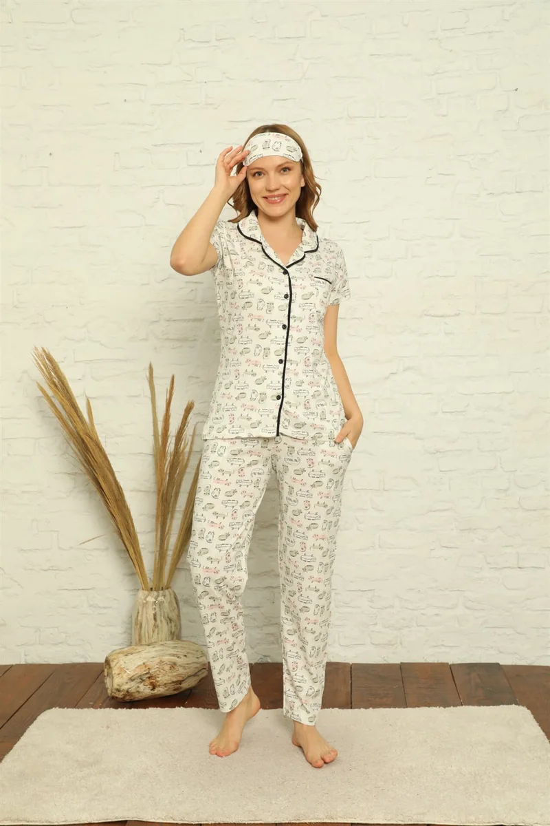 Akbeniz Women's 100% Cotton Front Button Short Sleeve Pajamas Set 2842