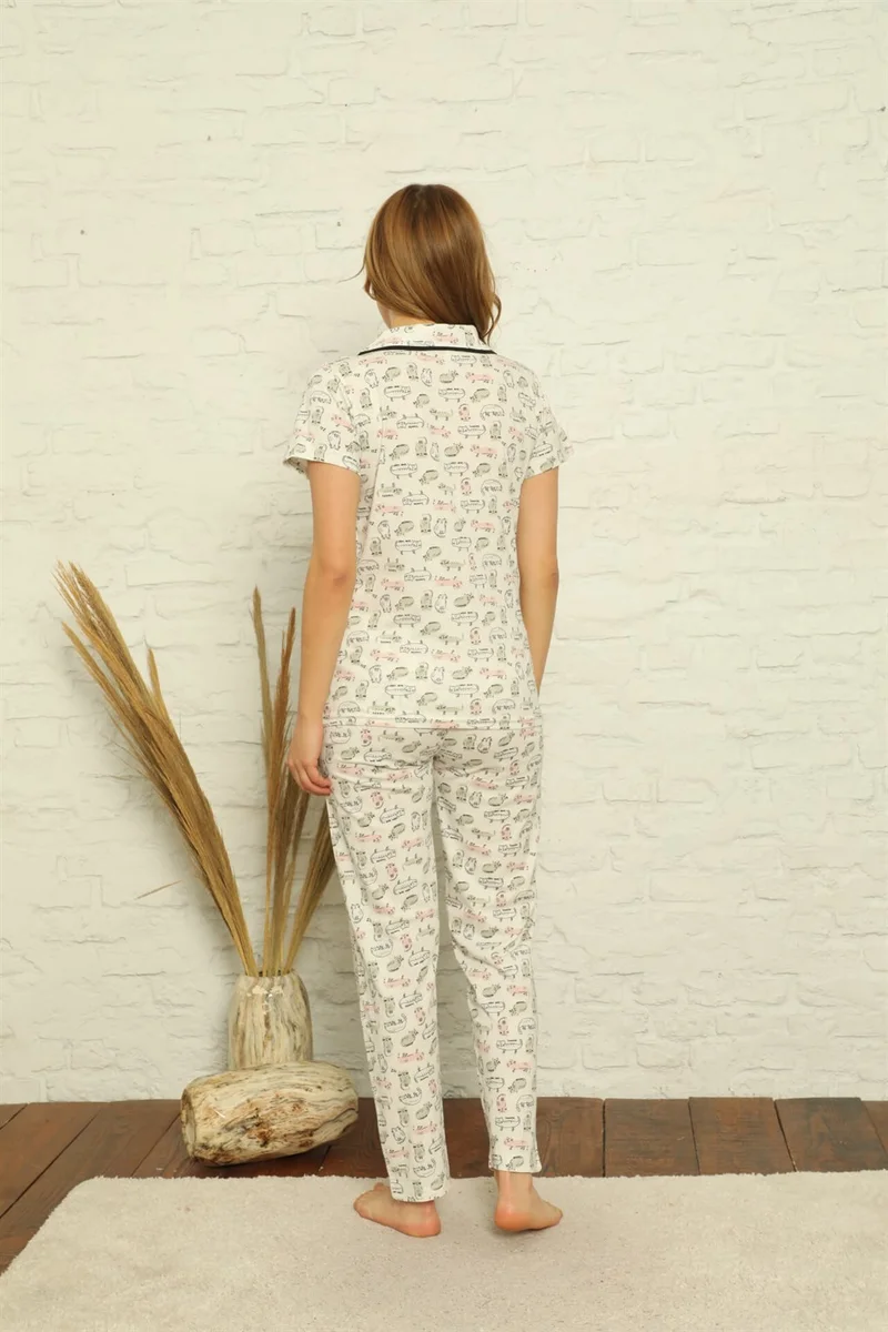 Akbeniz Women's 100% Cotton Front Button Short Sleeve Pajamas Set 2842