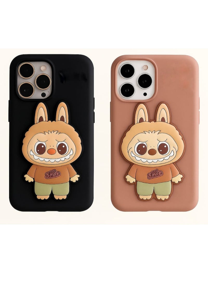كايس كلوب غطاء سيليكون لطيف ثلاثي الأبعاد من لابوبو باني، قطعتين، لهاتف آيفون 14 برو - غطاء ناعم بابتسامة كرتونية (عبوة من قطعتين - أسود وبني) - Image 1