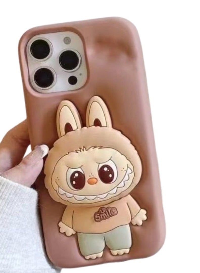 كايس كلوب غطاء سيليكون لطيف ثلاثي الأبعاد من لابوبو باني، قطعتين، لهاتف آيفون 14 برو - غطاء ناعم بابتسامة كرتونية (عبوة من قطعتين - أسود وبني) - Image 3