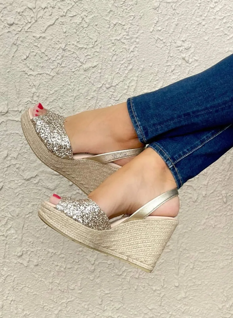 SHOEQ Champagne Glitter Roxy Espadrille Wedge for Women | Best Price UAE