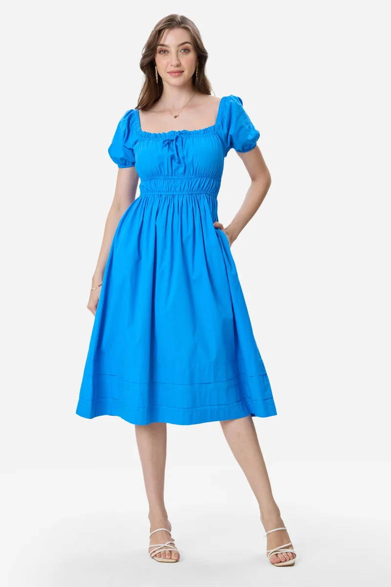 فيرجيو Solid Cotton Puff Sleeves Midi Dress for Women