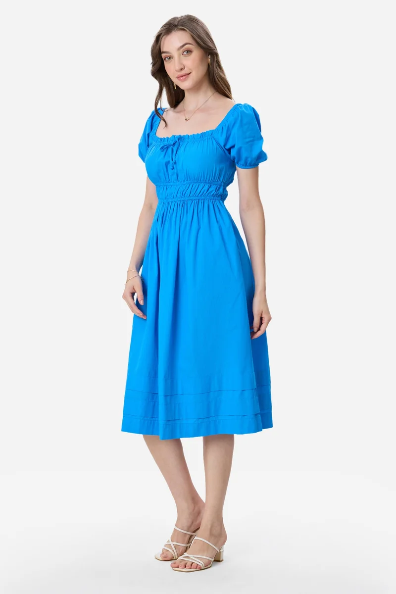Virgio Blue Solid Cotton Puff Sleeves Midi Dress for Women for Women | Best Price UAE