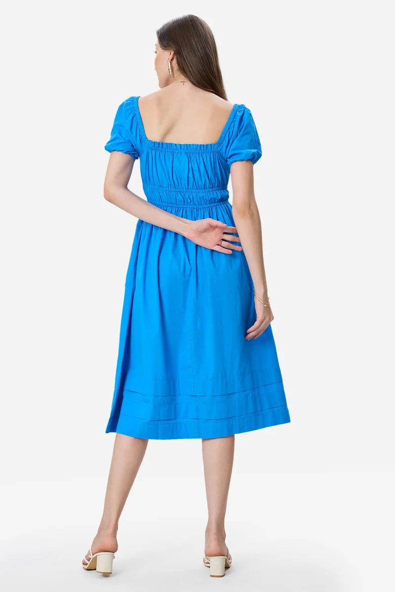 Virgio Blue Solid Cotton Puff Sleeves Midi Dress for Women for Women | Best Price UAE