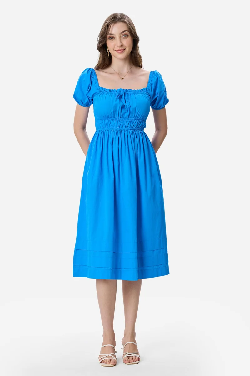 فيرجيو Solid Cotton Puff Sleeves Midi Dress for Women