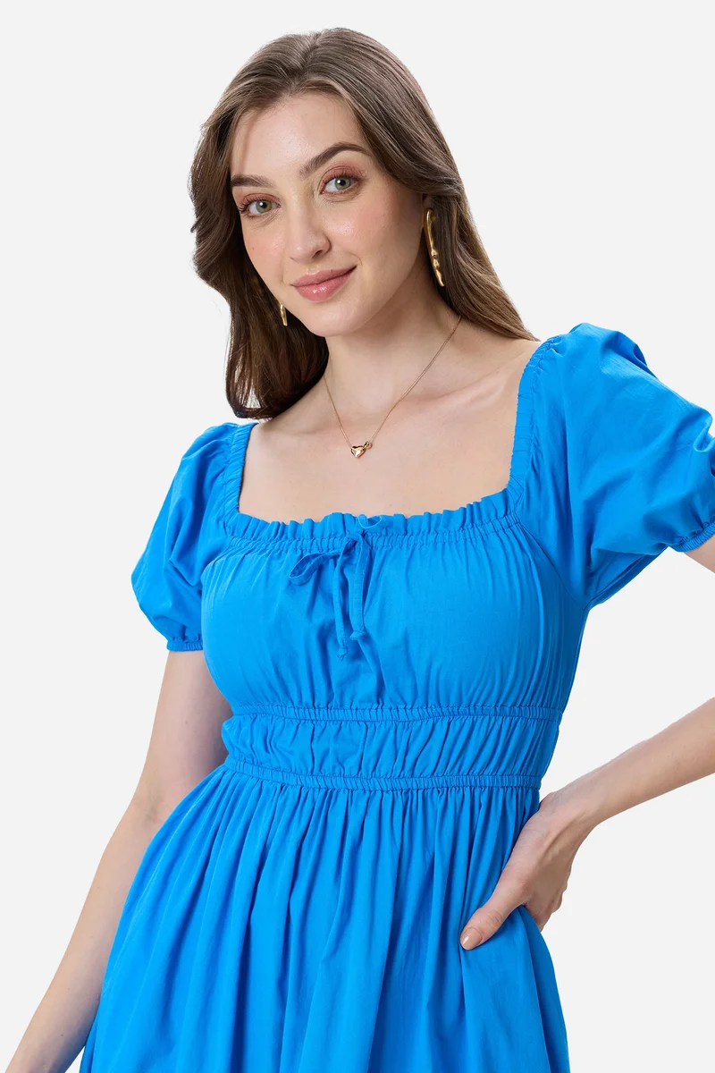 Virgio Blue Solid Cotton Puff Sleeves Midi Dress for Women for Women | Best Price UAE