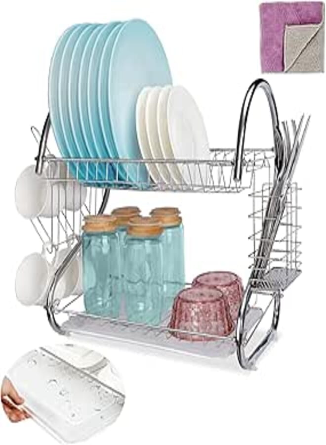 Midyb Dish Drainer Rack, 2 Tier Dish Drying Rack with Drip Tray, Removable Plate Draining Board & Cutlery Holder, Large Capacity Dish Drainers for Kitchen Countertop, Iron