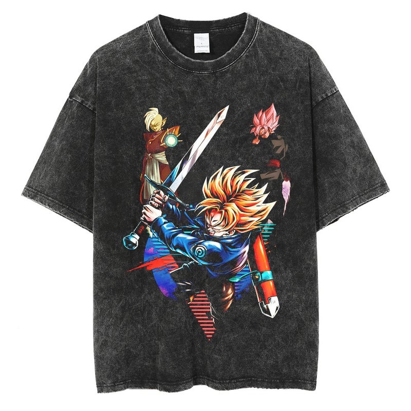 Washed Vintage T-Shirt Street Hip Hop Anime Dragon Ball Cartoon Printed Graphic Casual Cotton Summer Short Sleeve Street Tide - Image 1