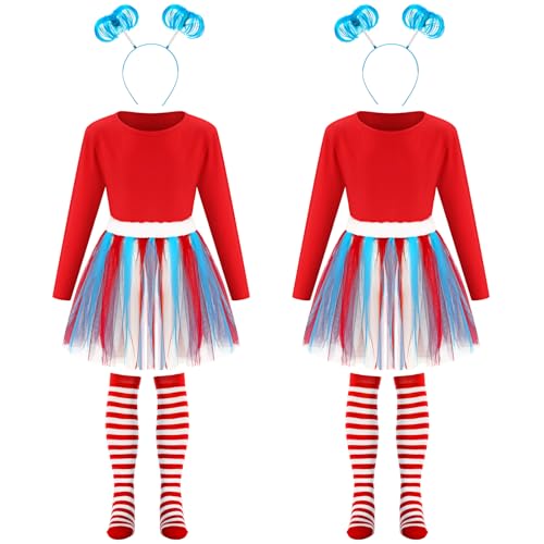 Vinsatin 6 Pcs Costume Set for Kids Include Tulle Tutu Skirt Striped Knee Long Socks Shirt Blue Headband Red and Blue89 Age - Image 1