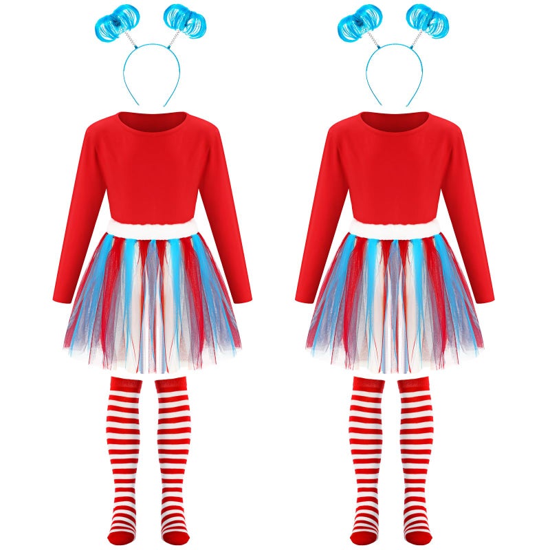 Vinsatin 6 Pcs Costume Set for Kids Include Tulle Tutu Skirt Striped Knee Long Socks Shirt Blue Headband Red and Blue89 Age - Image 3