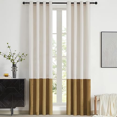 BULBUL Color Block Window Curtains Panels 84 inches Long Cream Ivory Gold Velvet Farmhouse Drapes for Bedroom Living Room Darkening Treatment with Grommet Set of 2 - Image 1