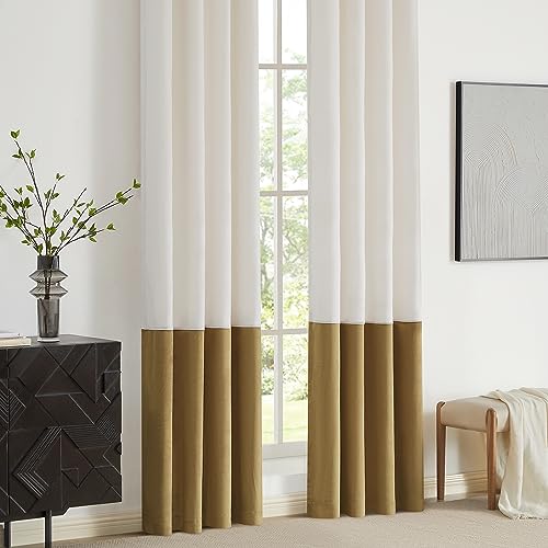 BULBUL Color Block Window Curtains Panels 84 inches Long Cream Ivory Gold Velvet Farmhouse Drapes for Bedroom Living Room Darkening Treatment with Grommet Set of 2 - Image 4