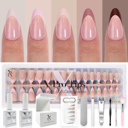 SXC Cosmetics French Tip Press On Nails Skin Tone Nude and Color Series Medium Almond XPro Tips Starter Kit ST115KIT - Image 1