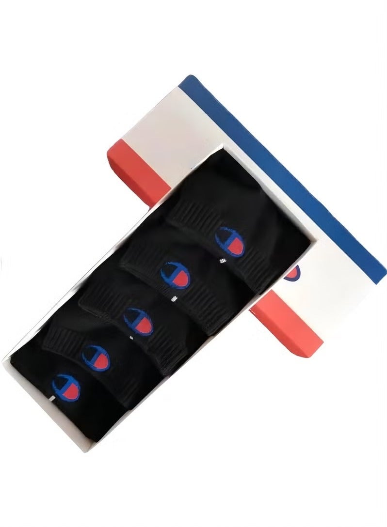 Champion Chao brand solid color pure cotton socks for men and women, thickened towel bottom deodorant sweat-absorbent short socks, casual running sports socks, thin style (5 pairs, black short socks) - Image 1