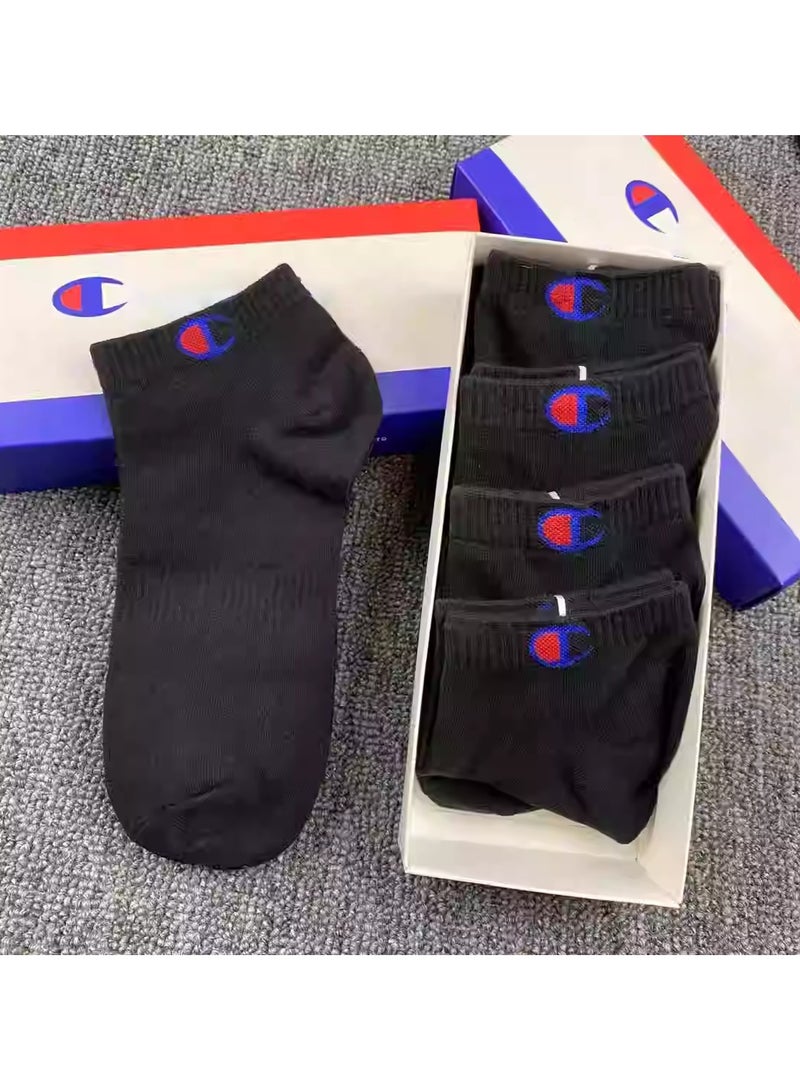 Champion Chao brand solid color pure cotton socks for men and women, thickened towel bottom deodorant sweat-absorbent short socks, casual running sports socks, thin style (5 pairs, black short socks) - Image 2