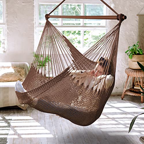 Upgraded Caribbean Hammock Chair with Detachable Metal Bar Large Hammock Swing Chair XL Rope Hanging Chair for Outdoor Indoor 330 LBS Weight Capacity SaddleBrown