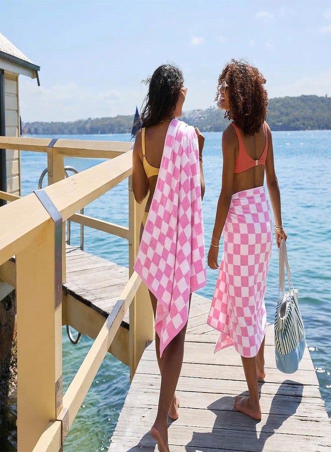 Jacquotha Pink Checkered Beach Towel Oversized 35" x 70" - Extra Large Quick Dry Cotton Pool Towel for Women Adults, 1 Pack - Image 4