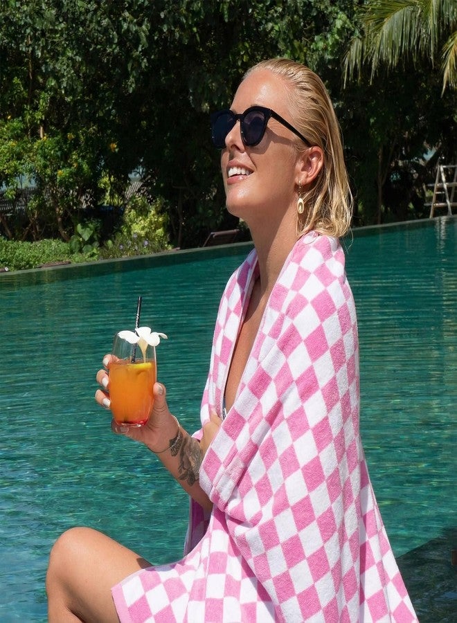 Jacquotha Pink Checkered Beach Towel Oversized 35" x 70" - Extra Large Quick Dry Cotton Pool Towel for Women Adults, 1 Pack - Image 3