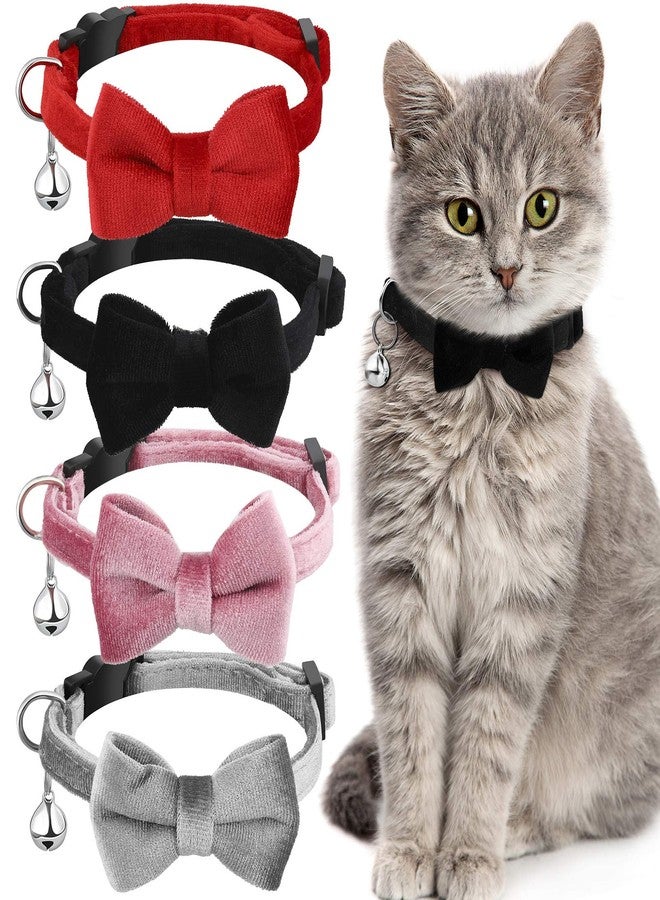 Weewooday 4 Pieces Cat Bow Tie Collar with Bell Breakaway Cat Comfortable Velvet with Cute Safety Pet Collar for Pet Kitten Puppy(Small,Black, Red, Gray, Pink) - Image 1