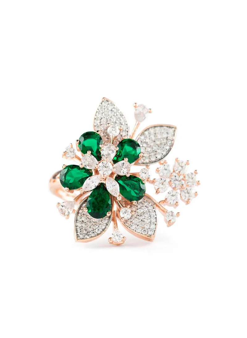 Priyaasi Rose Green Floral Leaf AD Studded Cocktail Ring