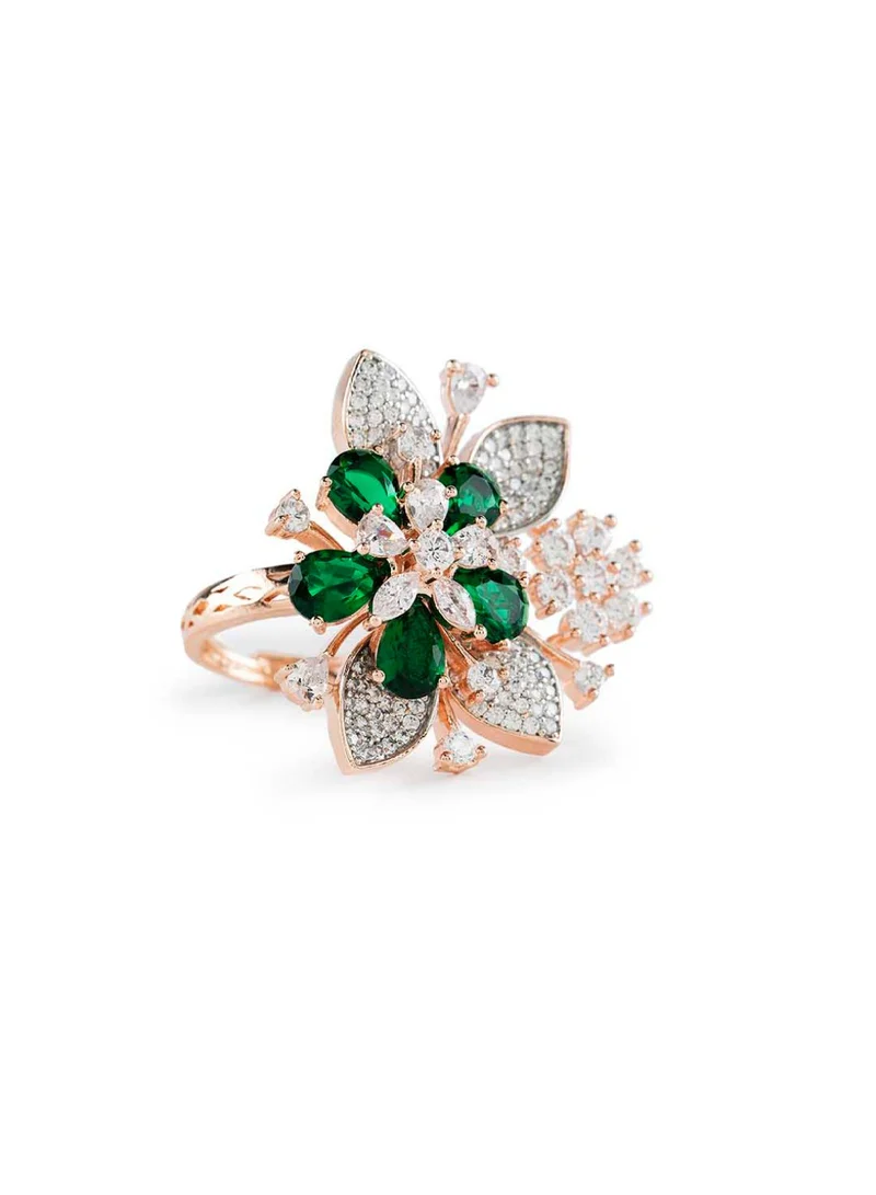 Priyaasi Rose Green Floral Leaf AD Studded Cocktail Ring