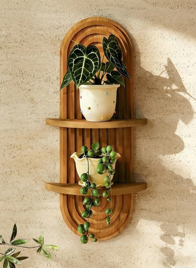 Bamworld Boho Wall Decor Brown Plant Wall Shelf, Mid Century Modern Decor Hanging Plant Shelf, 2-Tier Wooden Floating Shelves for Home, Bathroom Bedroom Living Room, Office Holding Planter Decoration - Image 1
