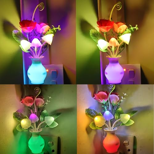 AUSAYE 4 Pack Plug in LED Night Light Sensor Light Rose Flower Decor,Energy Saving Lamp Dream Nightlight Mushroom Night Lights for Kids Adults Bedroom,Bathroom,Living Room,Kitchen,Hallway - Image 1