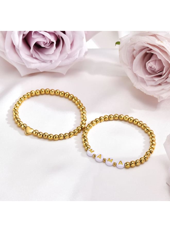Trendy Gold Bracelets for Women : 2 Pcs 14k Gold Plated Stainless Steel Beaded Heart Mom/Daughter/Nana/ Mama/Sister Stacking Stretch Bracelets Jewelry Love Gifts for Mother's Day Graduation Birthday - Image 4