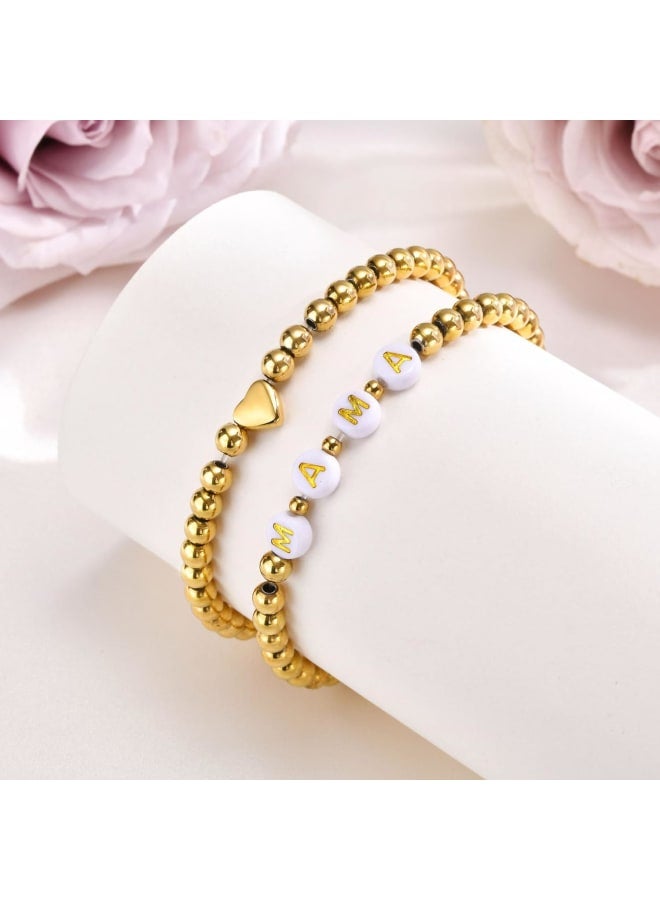 Trendy Gold Bracelets for Women : 2 Pcs 14k Gold Plated Stainless Steel Beaded Heart Mom/Daughter/Nana/ Mama/Sister Stacking Stretch Bracelets Jewelry Love Gifts for Mother's Day Graduation Birthday - Image 3