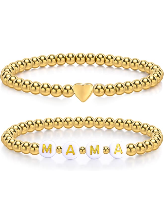 Trendy Gold Bracelets for Women : 2 Pcs 14k Gold Plated Stainless Steel Beaded Heart Mom/Daughter/Nana/ Mama/Sister Stacking Stretch Bracelets Jewelry Love Gifts for Mother's Day Graduation Birthday - Image 1